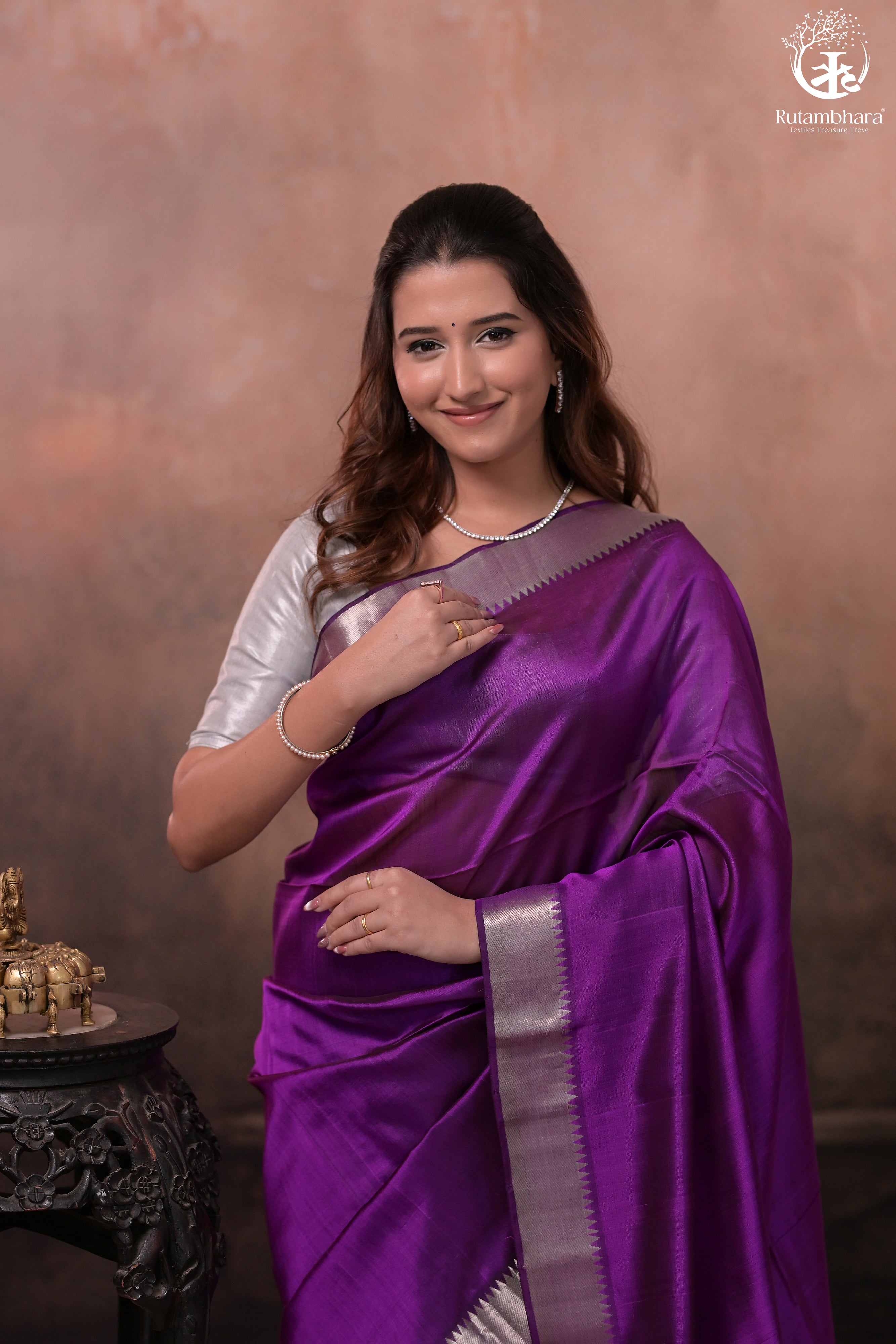 BHADRA - VIOLET PLAIN HANDWOVEN SILK SAREE WITH SILVER ZARI BORDER