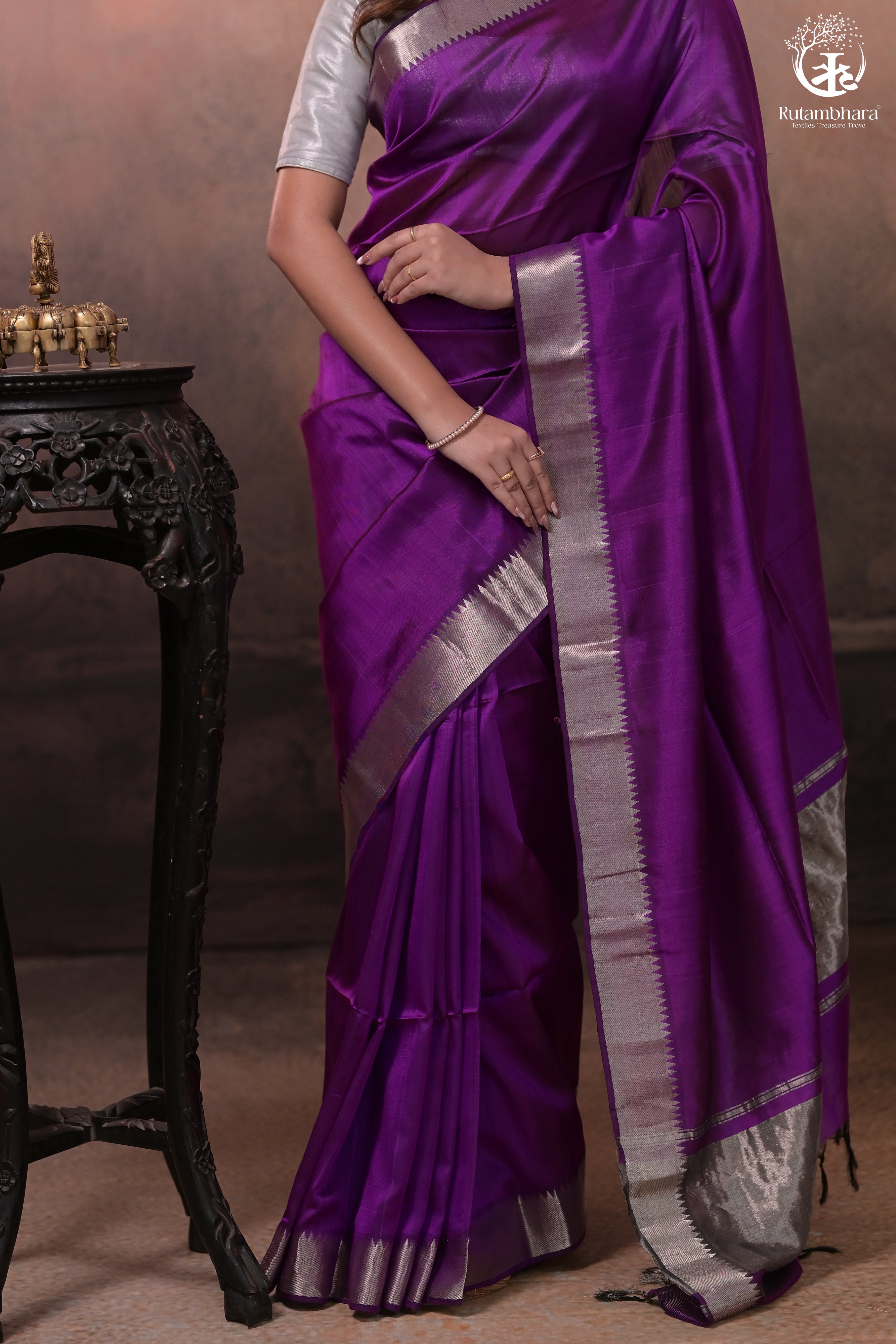 BHADRA - VIOLET PLAIN HANDWOVEN SILK SAREE WITH SILVER ZARI BORDER