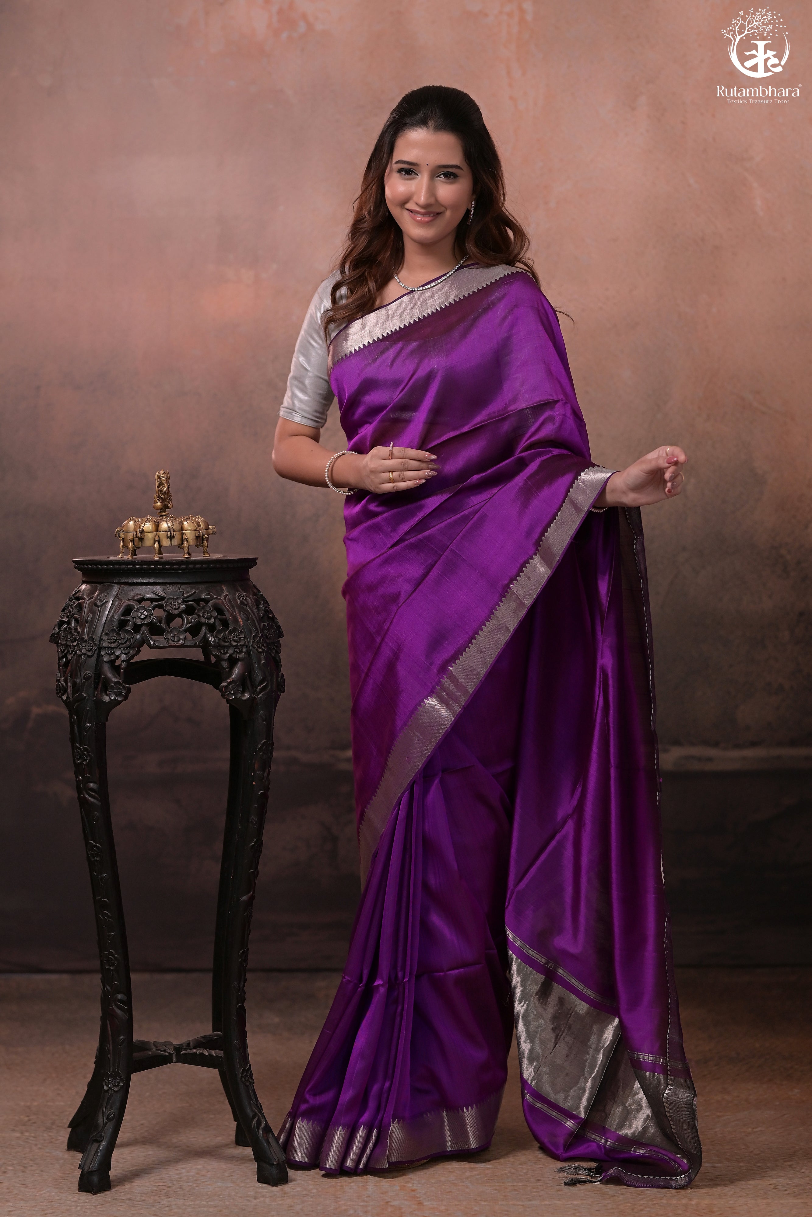 BHADRA - VIOLET PLAIN HANDWOVEN SILK SAREE WITH SILVER ZARI BORDER