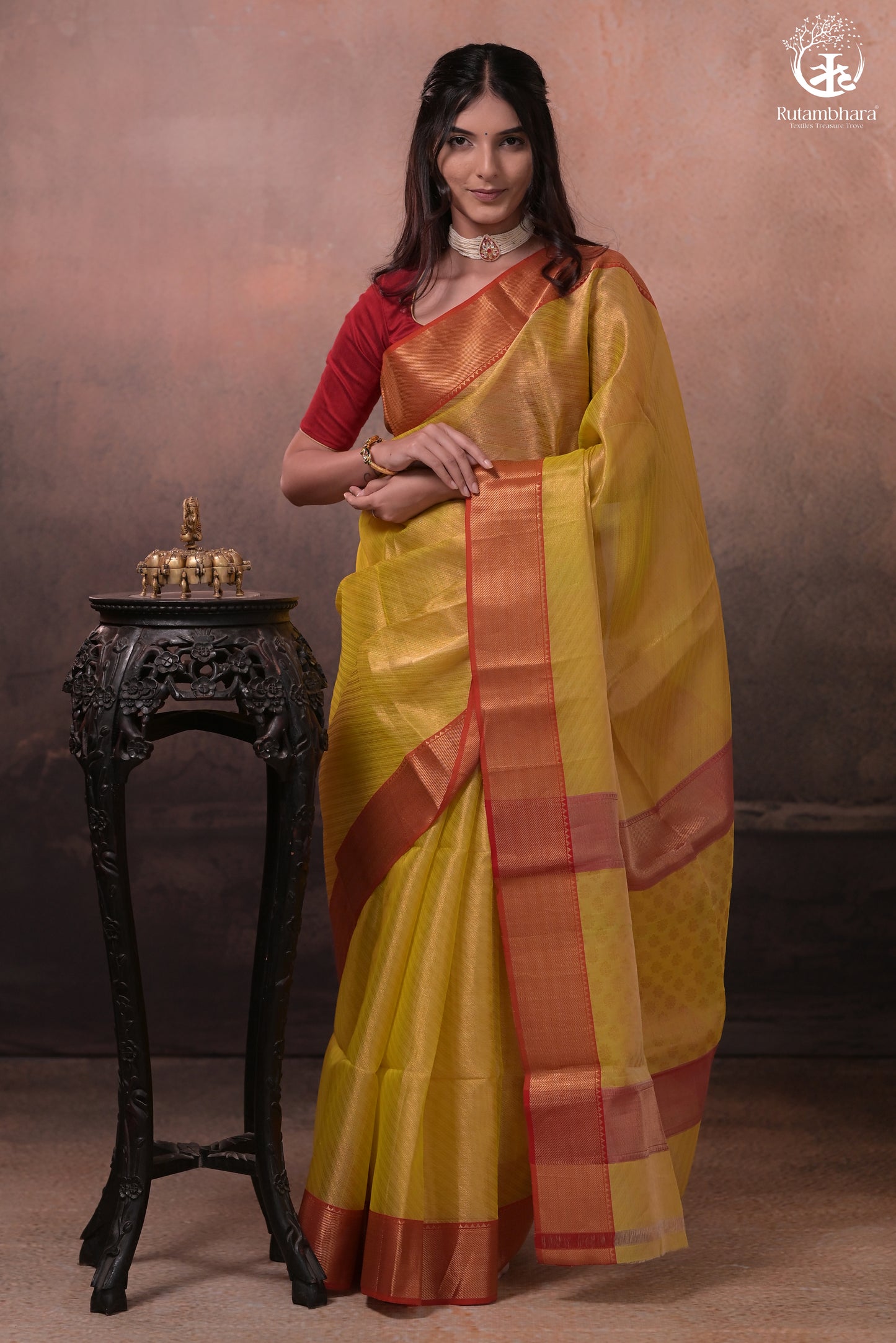 Swarvi - Elegant Lime Green Chanderi Jamawar Saree with Red Accents