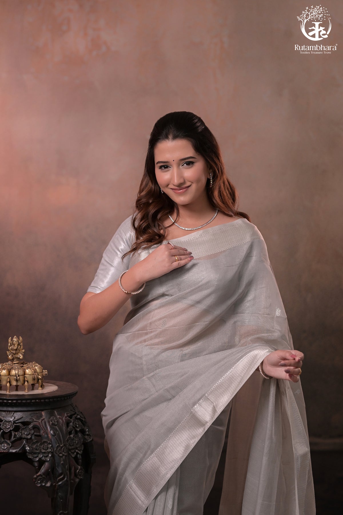 Narmaa - Pastel Grey And Silver Tissue Silk Cotton Saree With Extra Weft Silver Zari Butta