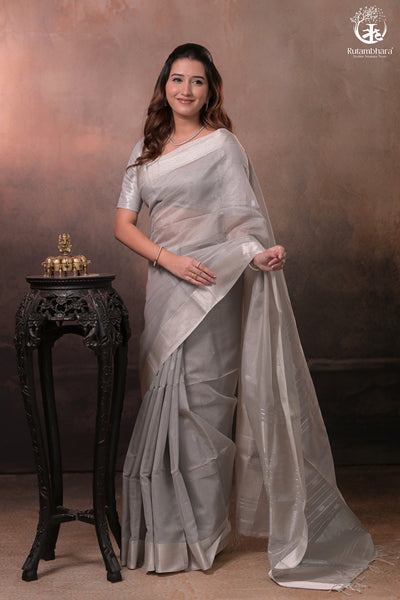 Narmaa - Pastel Grey And Silver Tissue Silk Cotton Saree With Extra Weft Silver Zari Butta-Rutambhara-RUTAMBHARA