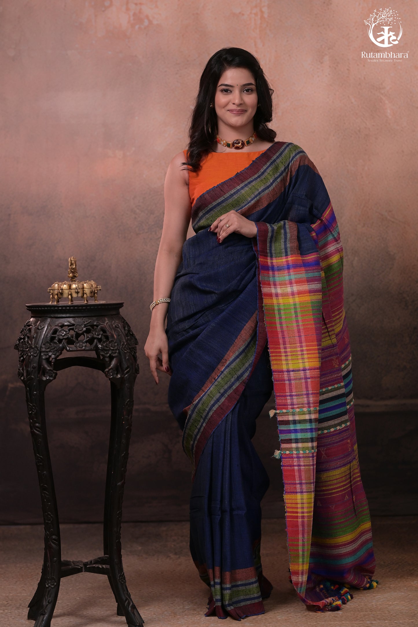 Dark Blue Kutchi Tussar Cotton Saree