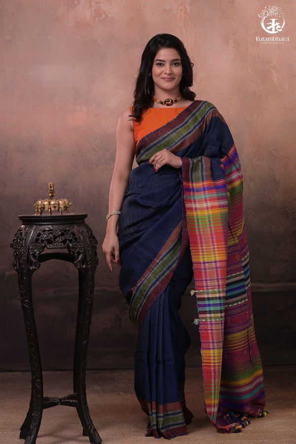 Dark Blue Kutchi Tussar Cotton Saree-Rutambhara-RUTAMBHARA