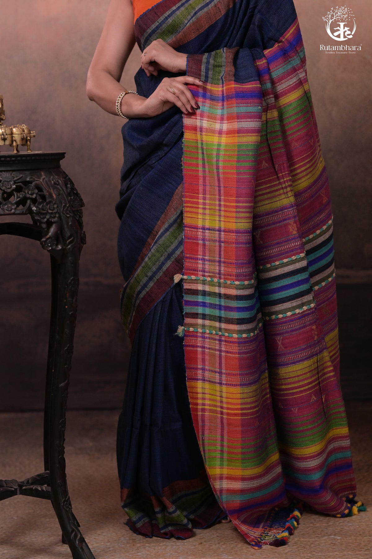 Dark Blue Kutchi Tussar Cotton Saree
