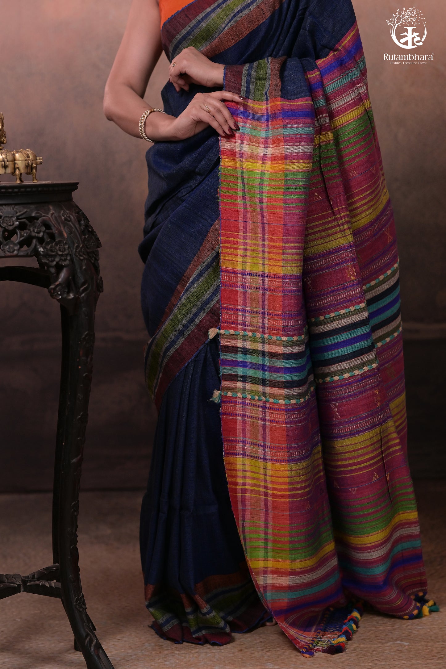 Dark Blue Kutchi Tussar Cotton Saree