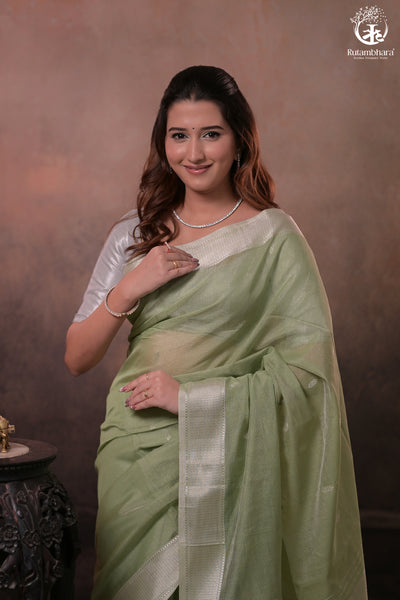 Narmaa - Pastel Green And Silver Tissue Silk Cotton Saree With Extra Weft Silver Zari Butta-Rutambhara-RUTAMBHARA