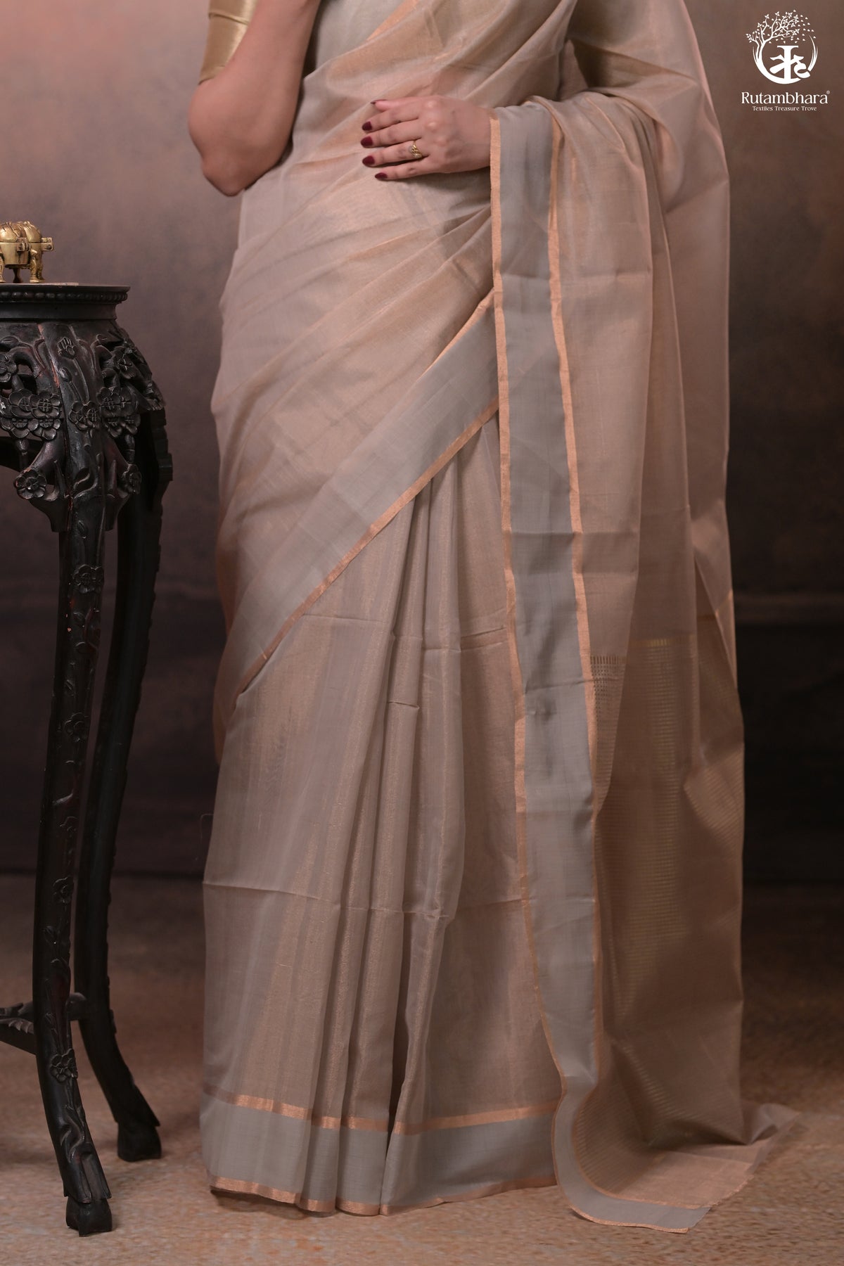 Swarvi - Pastel Beige Two Taar Chanderi Tissue Saree with Powder Blue Selvedge