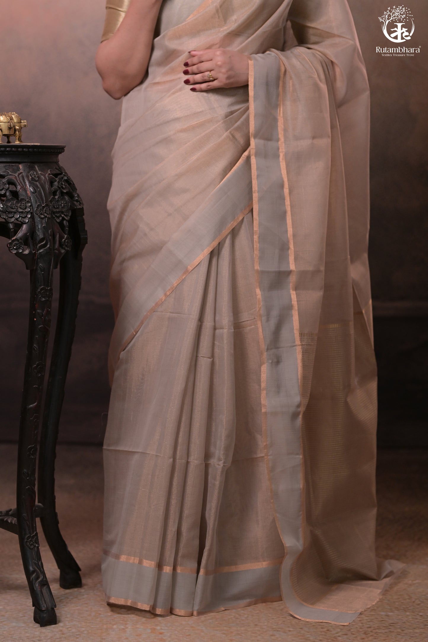 Swarvi - Pastel Beige Two Taar Chanderi Tissue Saree with Powder Blue Selvedge