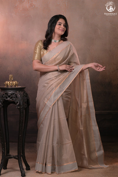 Swarvi - Pastel Beige Two Taar Chanderi Tissue Saree with Powder Blue Selvedge-RUTAMBHARA -RUTAMBHARA
