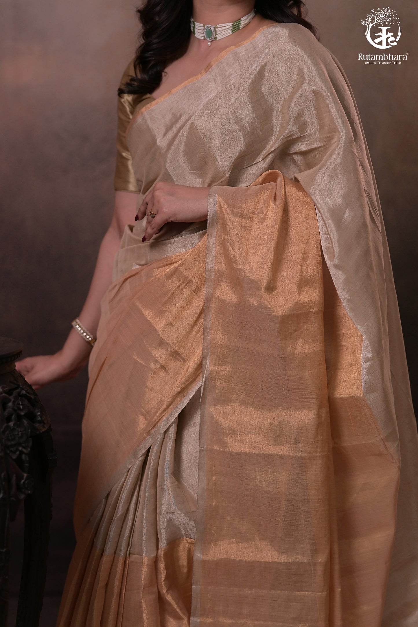 Swarvi - Handwoven Chanderi Zari Tissue Half-and-Half Saree in Gold & Silver