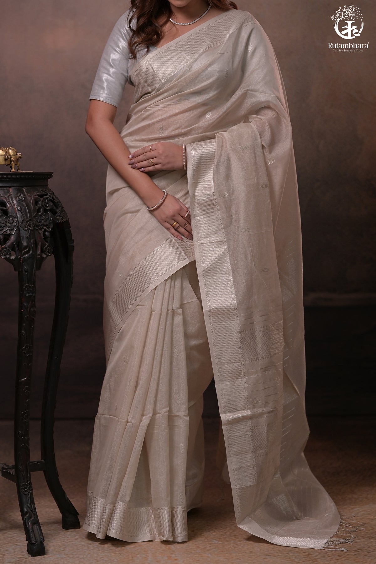 Narmaa - Pastel Beige And Silver Tissue Silk Cotton Saree With Extra Weft Silver Zari Butta