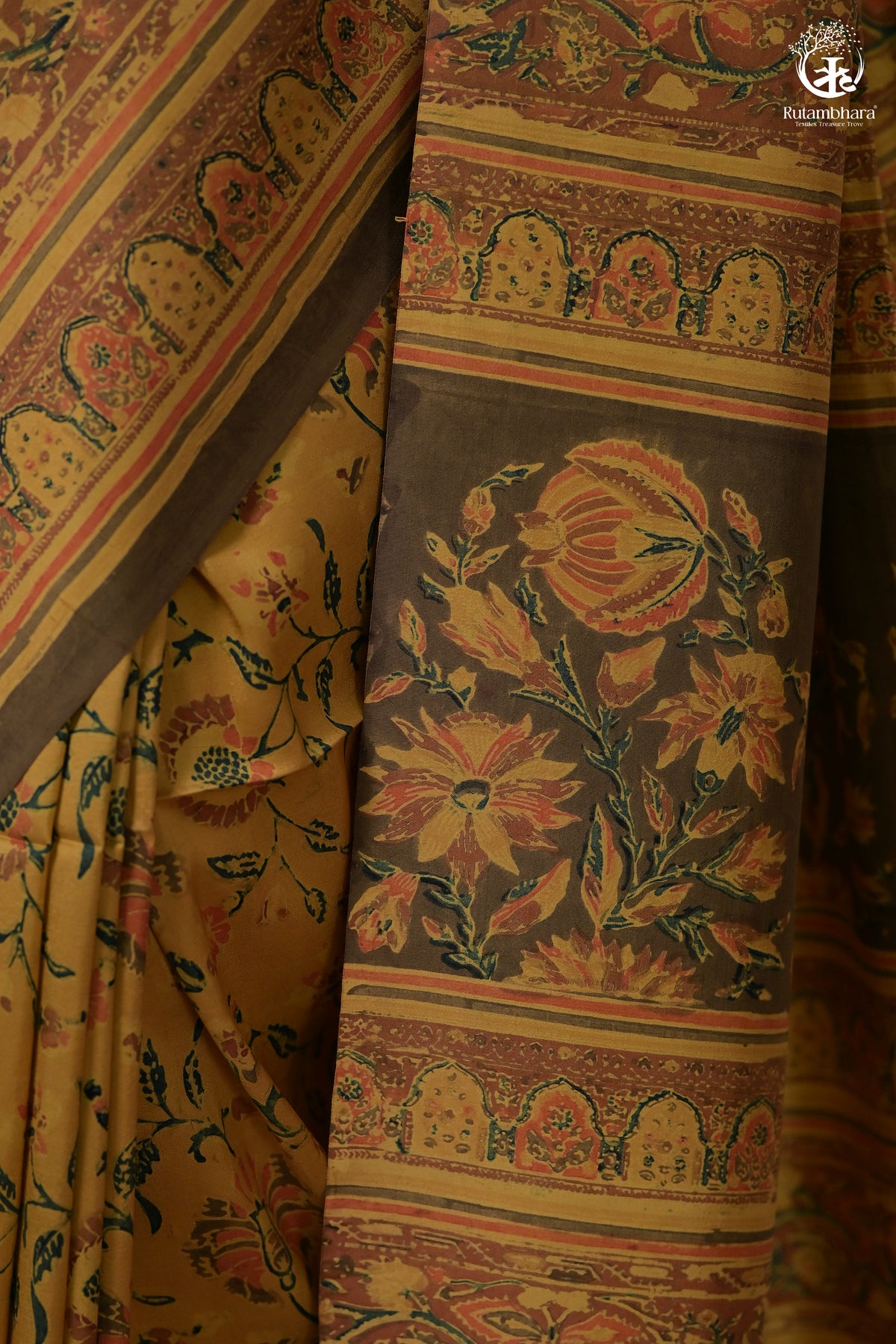 Ushraa - Yellow And Olive Handcrafted Ajrakh Saree In Pure Silk