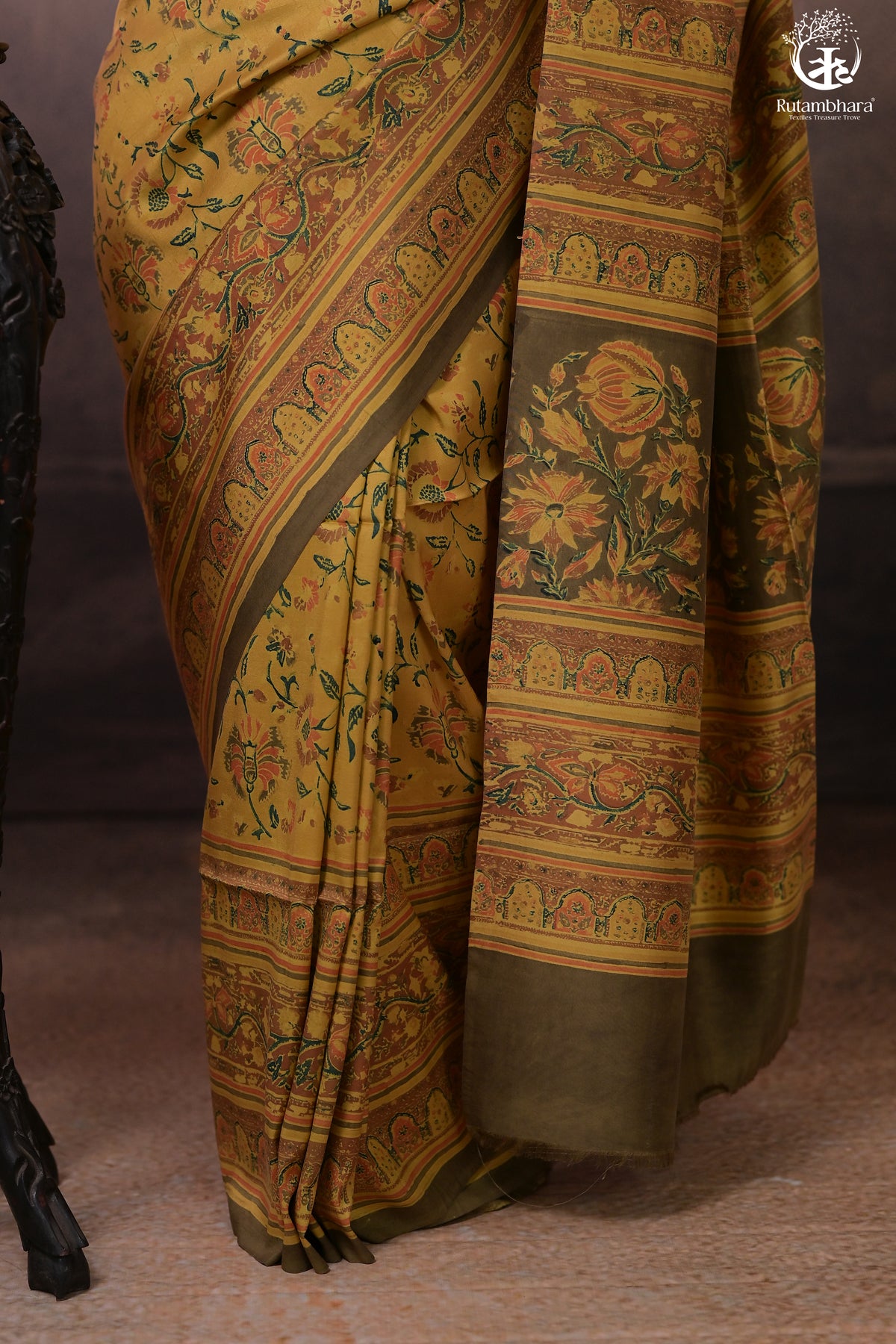 Ushraa - Yellow And Olive Handcrafted Ajrakh Saree In Pure Silk