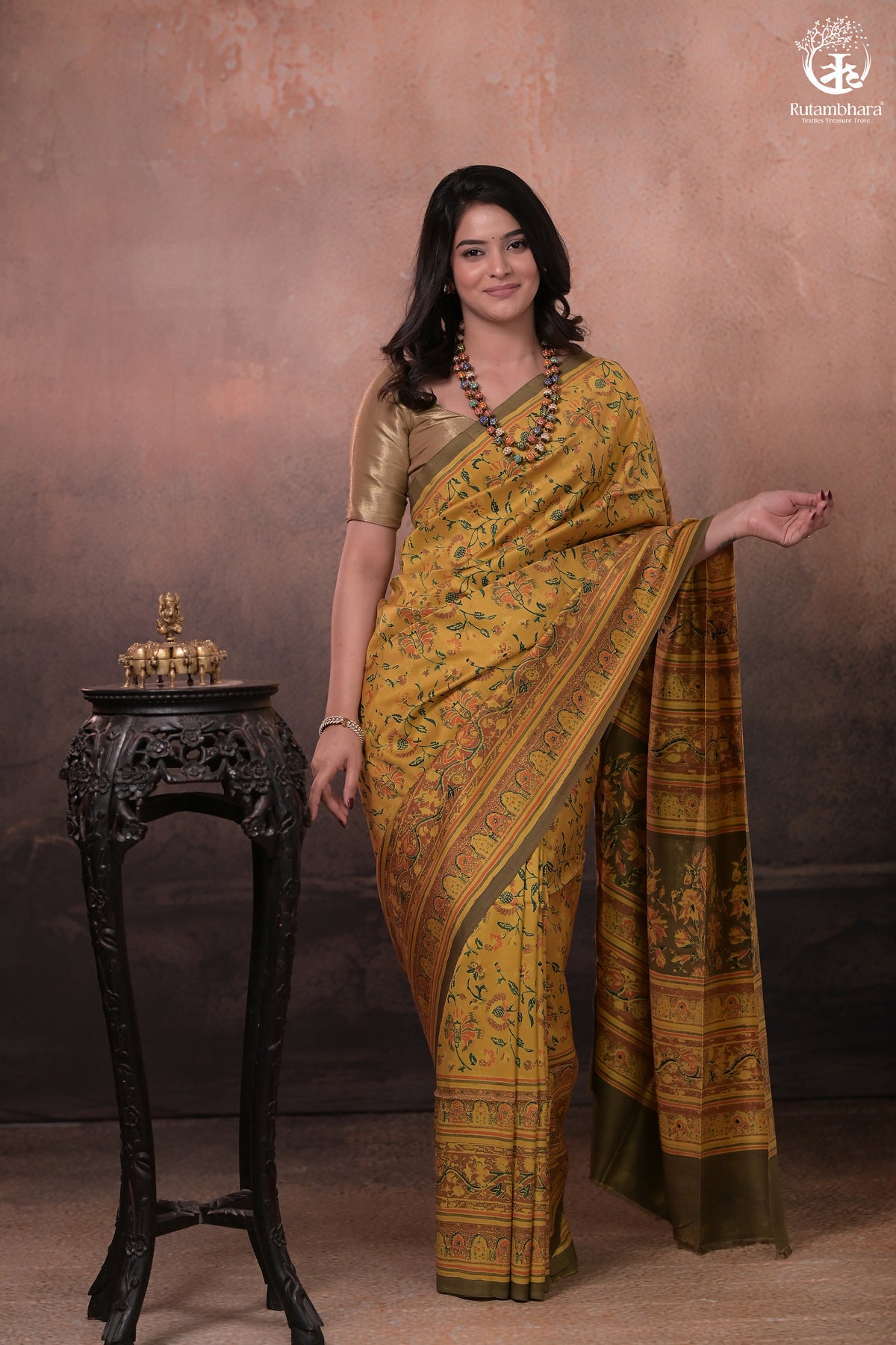 Ushraa - Yellow And Olive Handcrafted Ajrakh Saree In Pure Silk