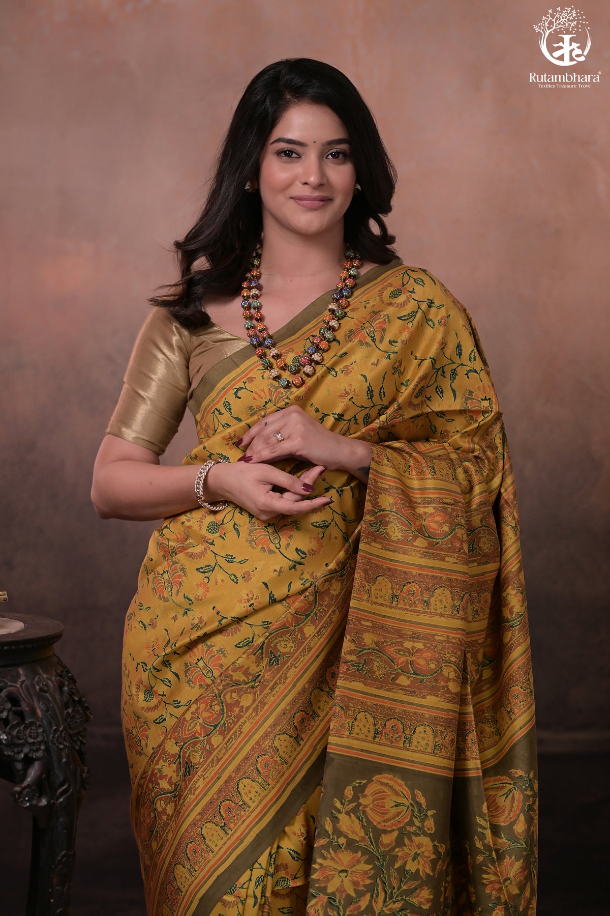 Ushraa - Yellow And Olive Handcrafted Ajrakh Saree In Pure Silk
