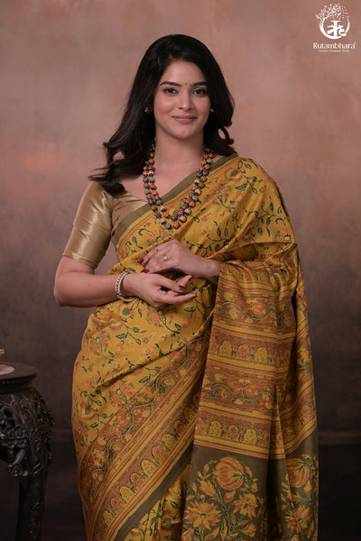 Ushraa - Yellow And Olive Handcrafted Ajrakh Saree In Pure Silk-Rutambhara-RUTAMBHARA