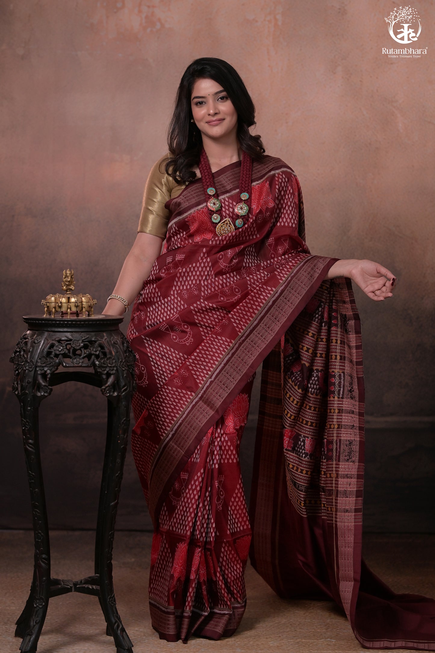 SAMBALPURI IKAT NATURAL DYES SAREE IN PURE SILK -4/3 PLY PURE MULBERRY SILK - MAROON N COFFEE BROWN