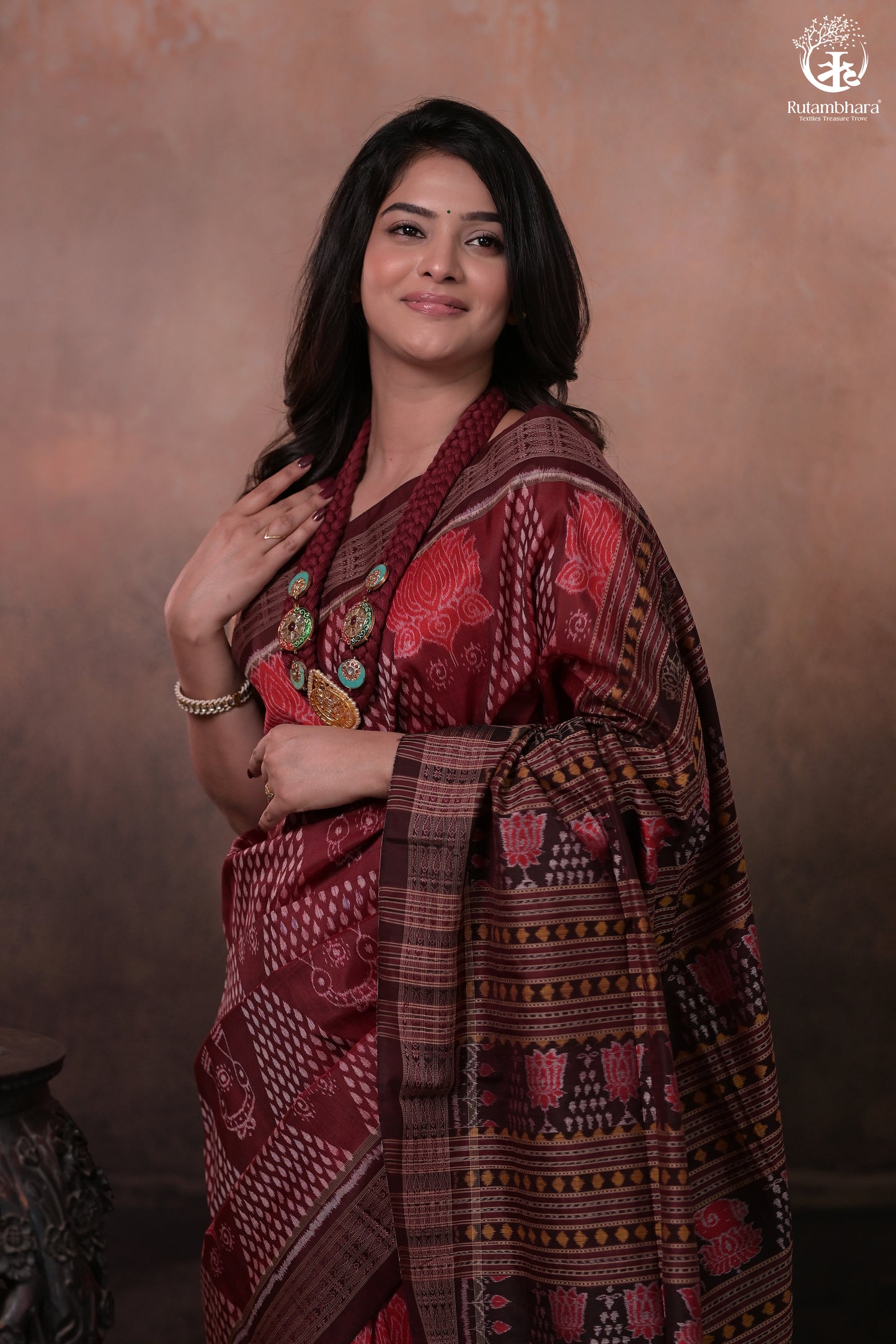 SAMBALPURI IKAT NATURAL DYES SAREE IN PURE SILK -4/3 PLY PURE MULBERRY SILK - MAROON N COFFEE BROWN
