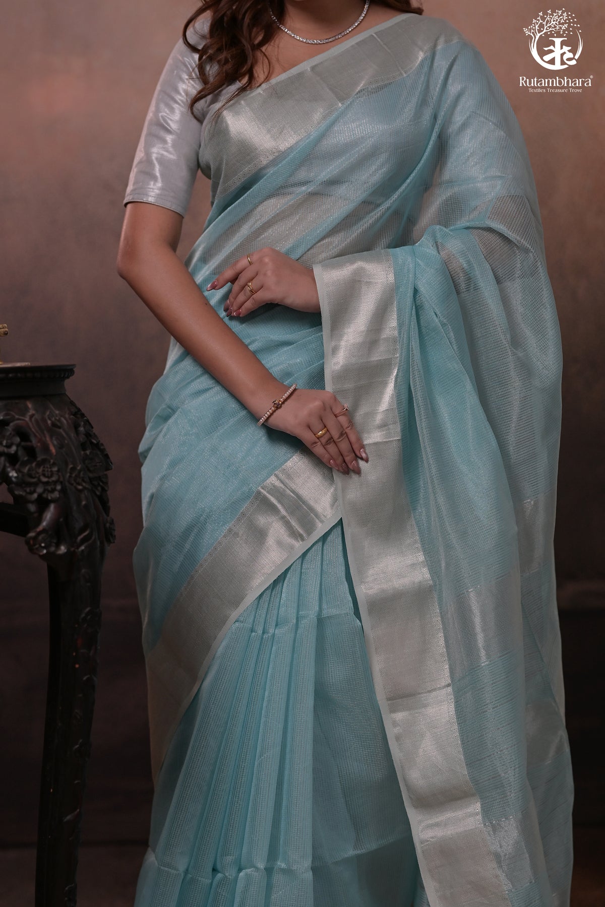 Narmaa - Silver Tissue Checks Pastel Blue With Silver Lehar Border Saree