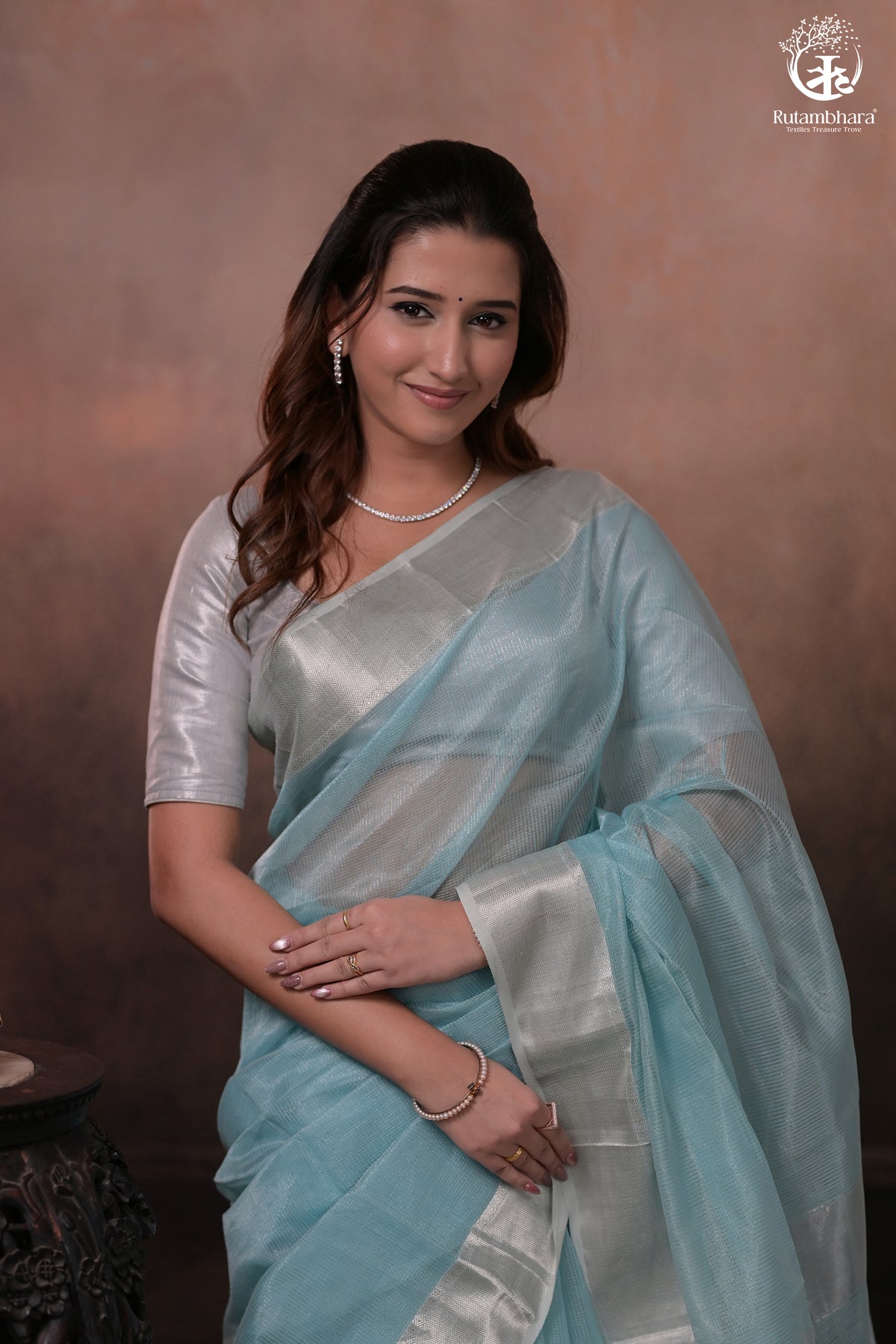 Narmaa - Silver Tissue Checks Pastel Blue With Silver Lehar Border Saree