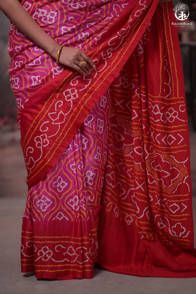 Pink Handcrafted Bandhani Gajji Silk Saree-Rutambhara-RUTAMBHARA