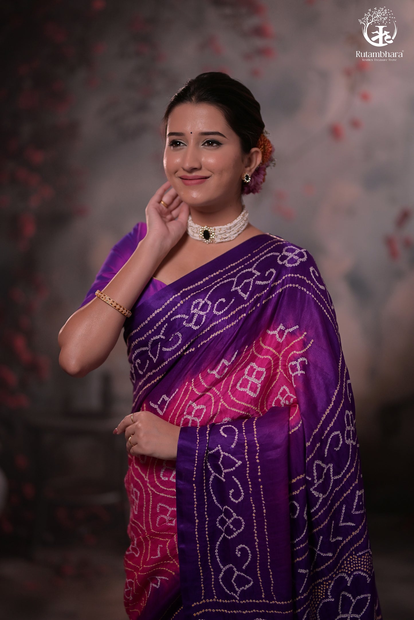 Elegant Gajji Silk Bandhani Saree – Purple & Pink Ombre