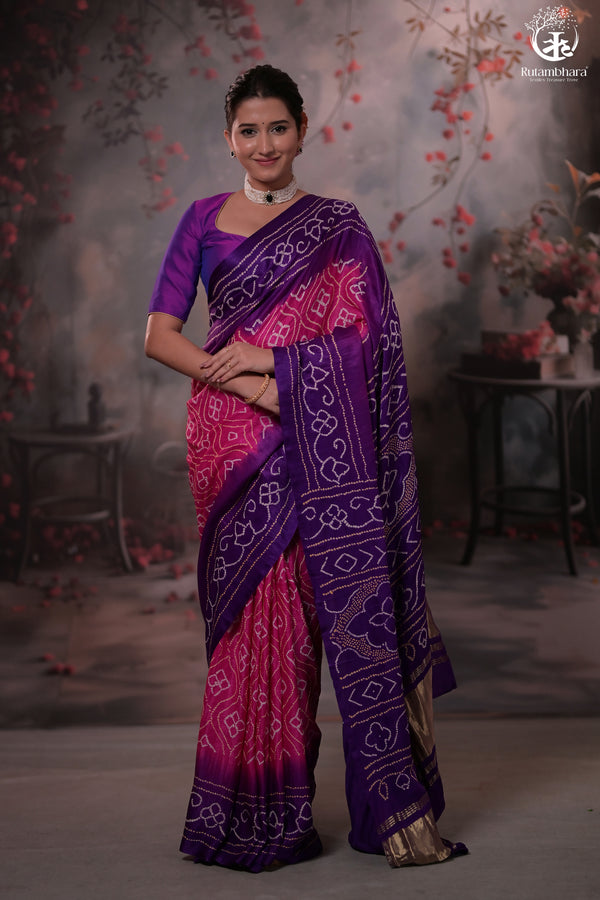 Elegant Gajji Silk Bandhani Saree – Purple & Pink Ombre-RUTAMBHARA-RUTAMBHARA