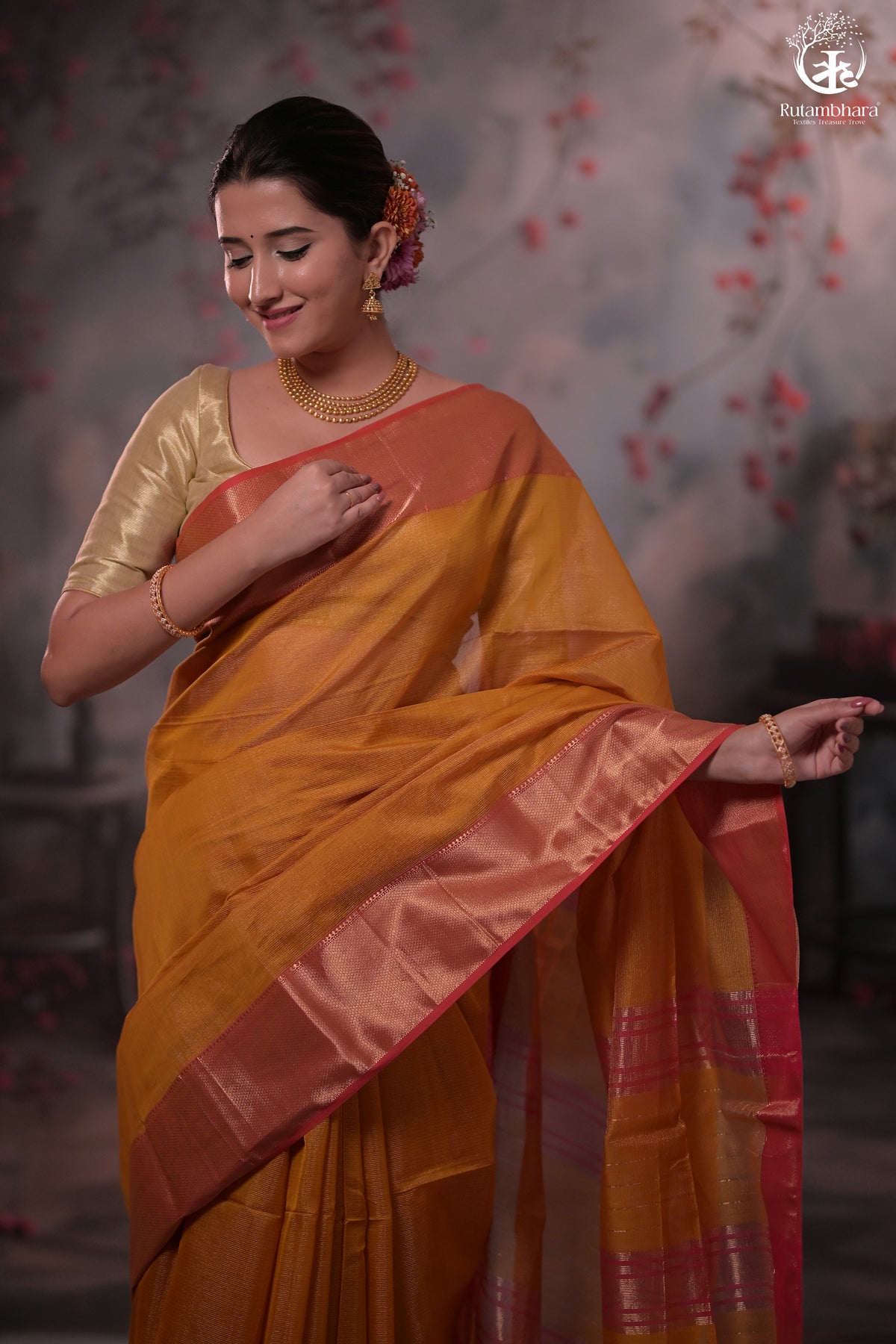 Narmaa - Mustard Yellow Zari Tissue With Pink Selvedge And Gold Zari Chatai Border
