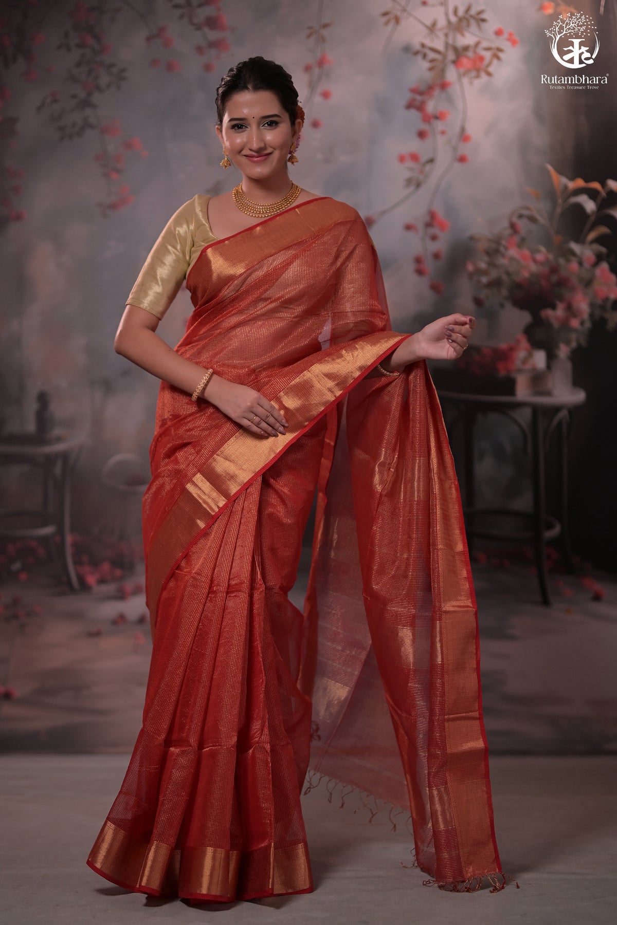 Narmaa - Festive Red Gold Tissue Checks Tissue Silk Cotton Saree With Gold Zari Lehar Border