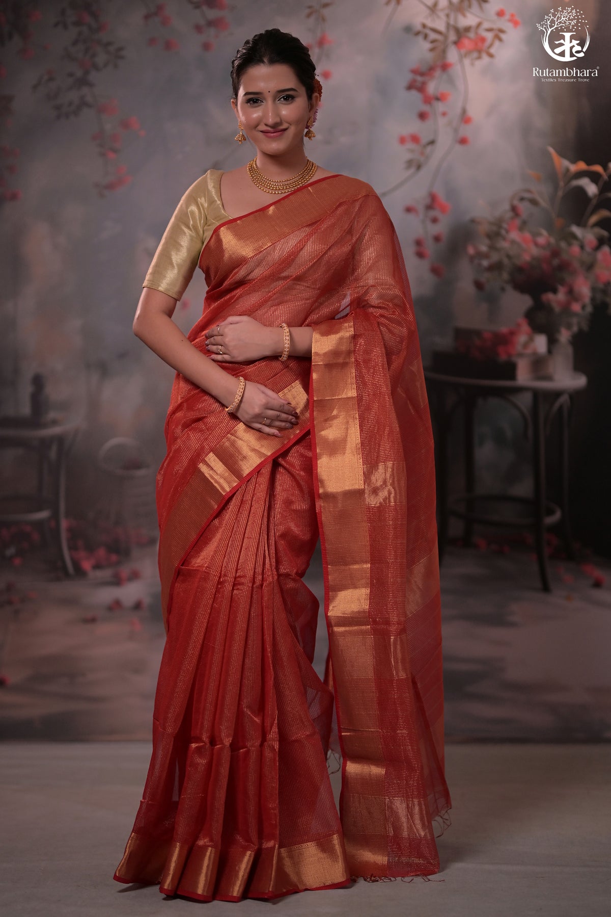 Narmaa - Festive Red Gold Tissue Checks Tissue Silk Cotton Saree With Gold Zari Lehar Border