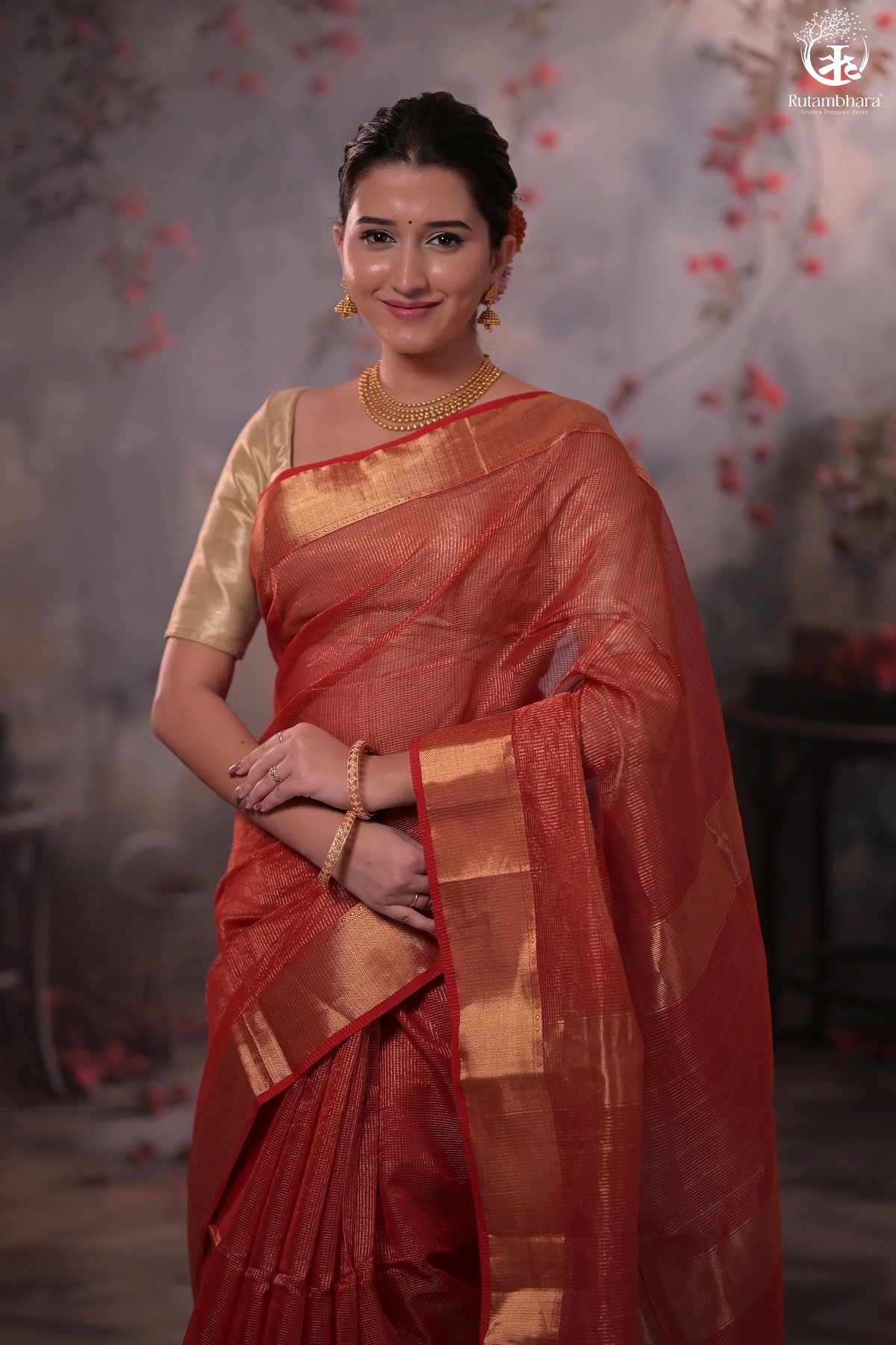 Narmaa - Festive Red Gold Tissue Checks Tissue Silk Cotton Saree With Gold Zari Lehar Border