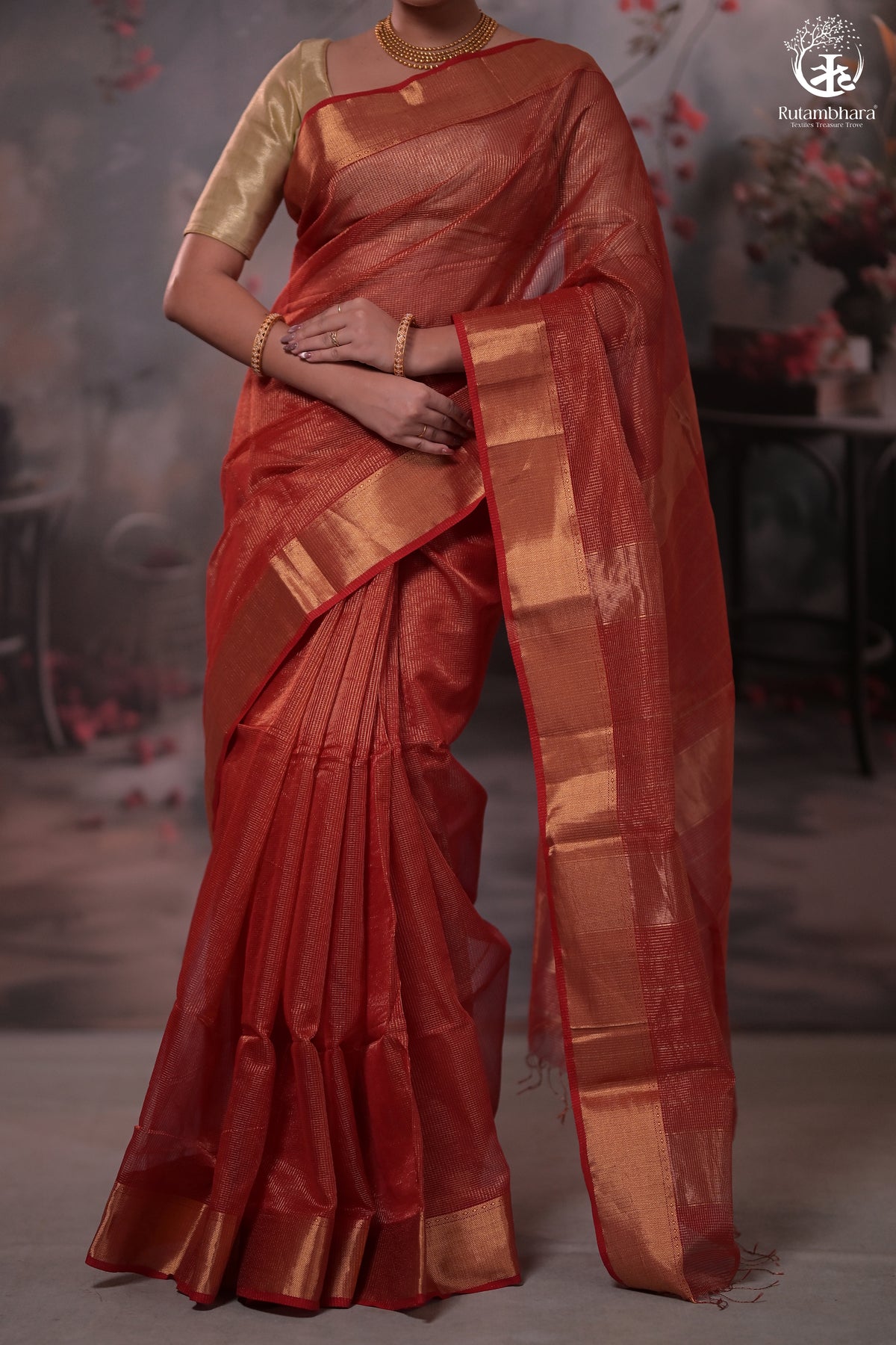 Narmaa - Festive Red Gold Tissue Checks Tissue Silk Cotton Saree With Gold Zari Lehar Border