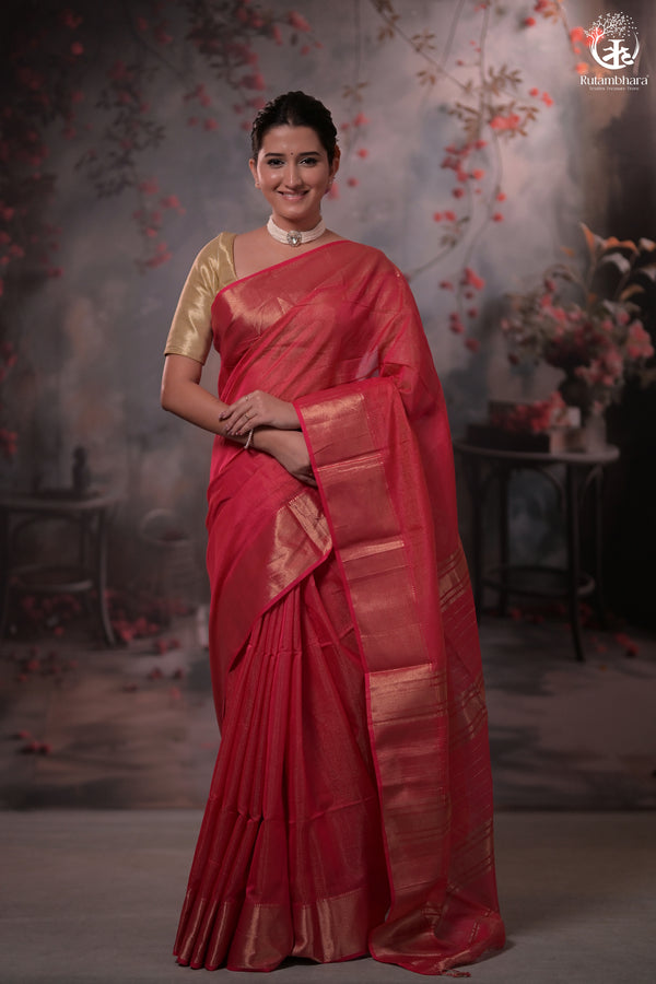 Narmaa - Rani Pink Zari Tissue With Deep Pink Selvedge And Gold Zari Chatai Border-Rutambhara-RUTAMBHARA