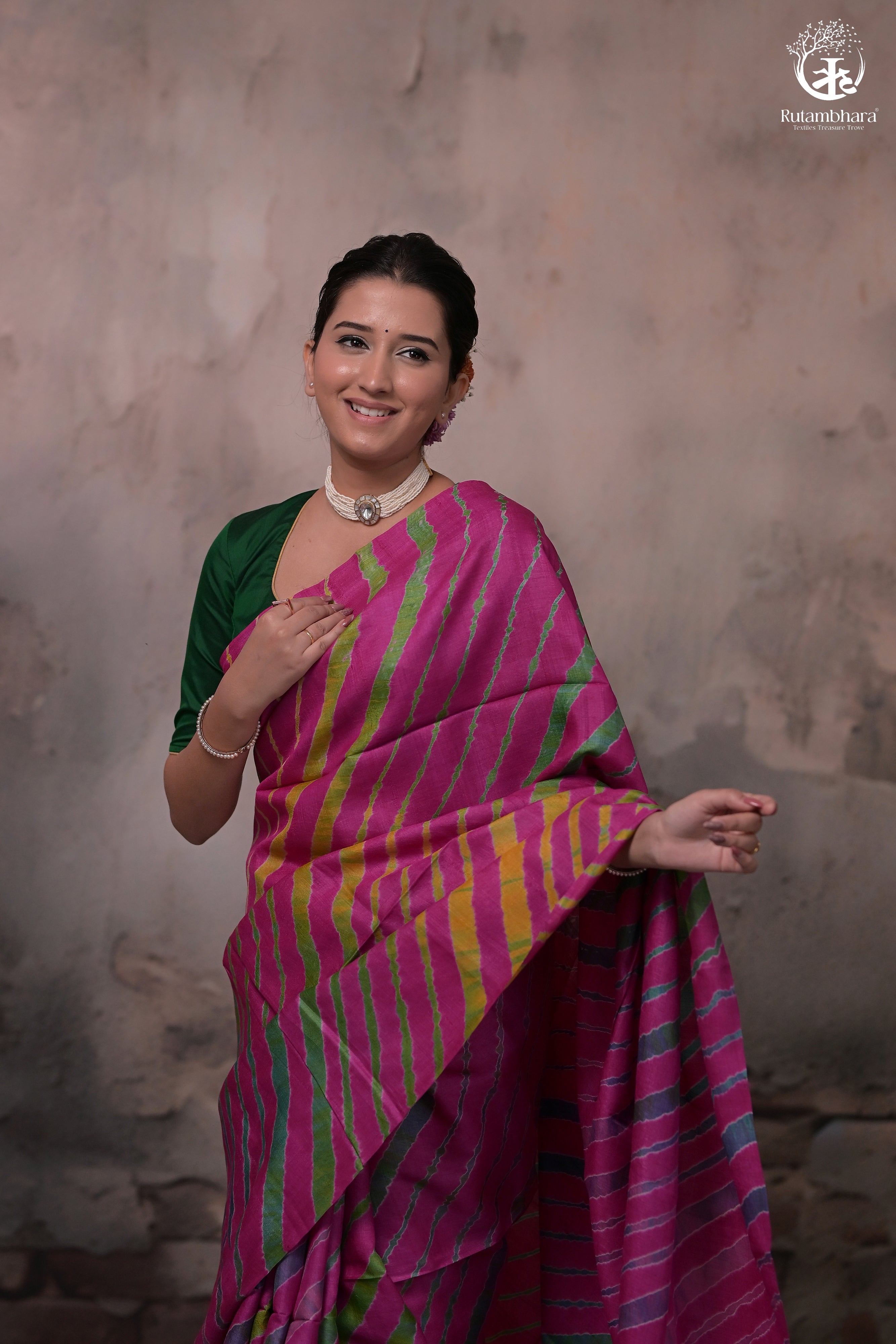 Dhanak - Magenta Pink Leheriya Saree In Tussar Silk