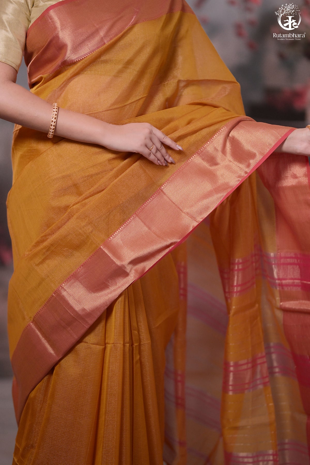 Narmaa - Mustard Yellow Zari Tissue With Pink Selvedge And Gold Zari Chatai Border