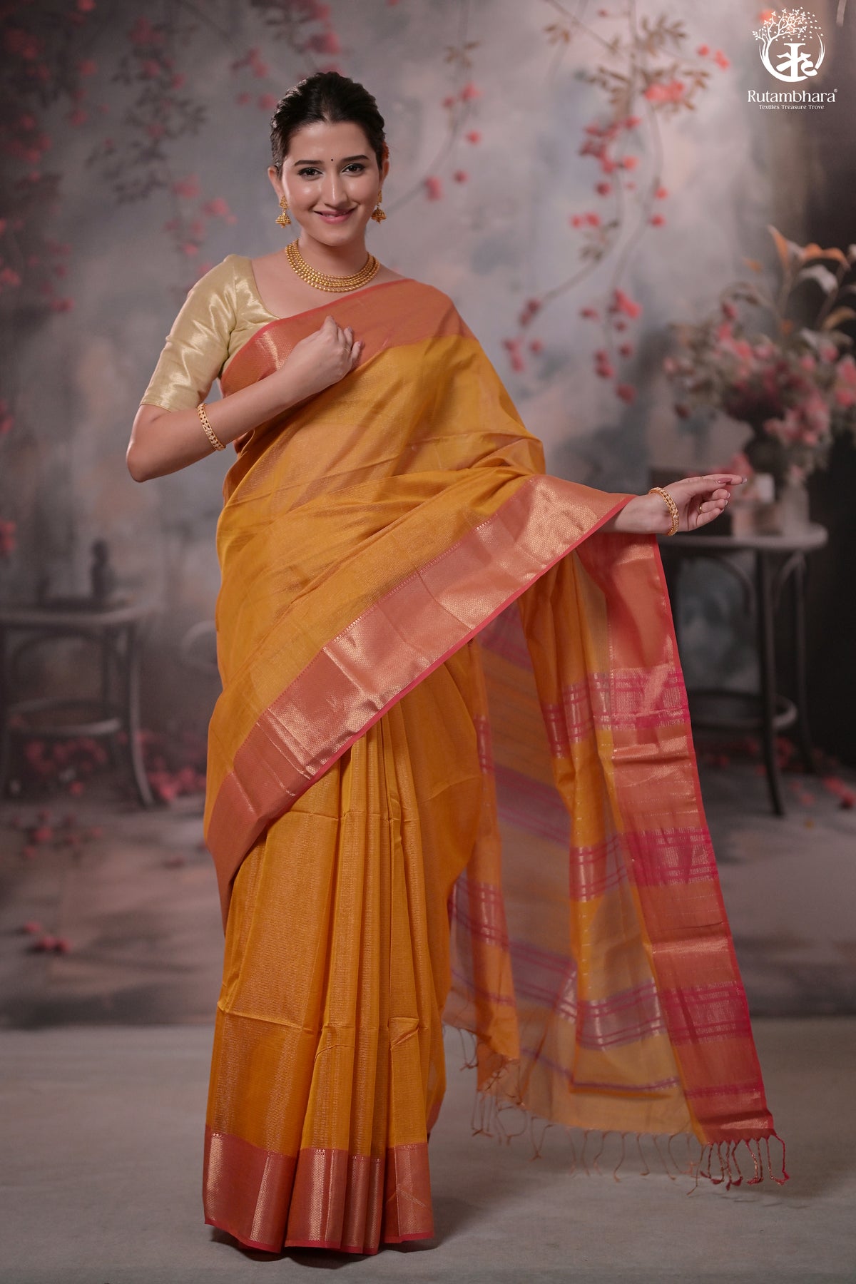 Narmaa - Mustard Yellow Zari Tissue With Pink Selvedge And Gold Zari Chatai Border
