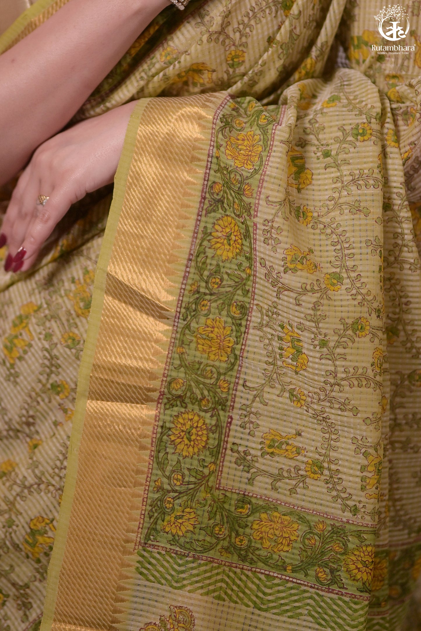 Siyahi - Light Green Handwoven Hand Block Printed Gold Zari Border Cotton Saree