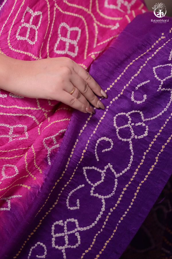 Elegant Gajji Silk Bandhani Saree – Purple & Pink Ombre-RUTAMBHARA-RUTAMBHARA