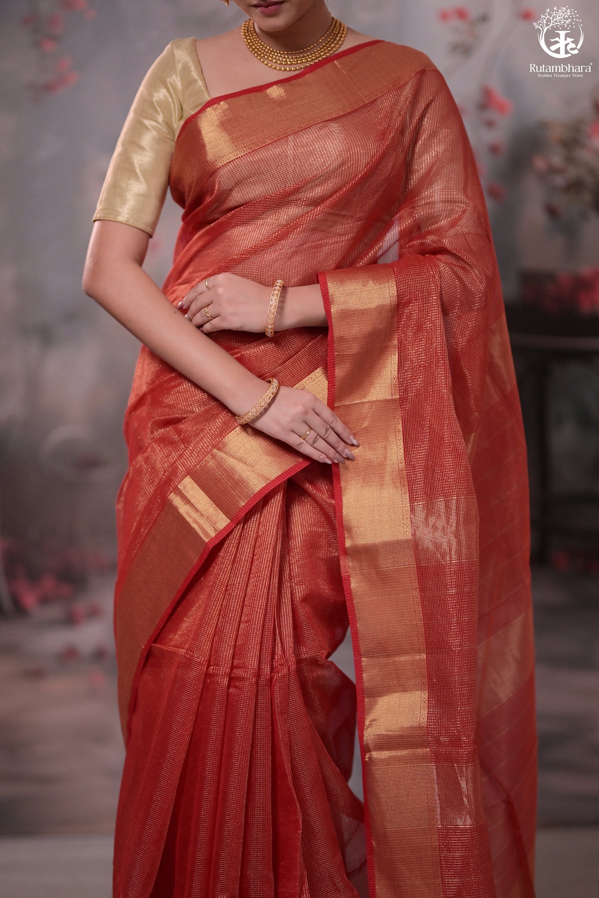 Narmaa - Festive Red Gold Tissue Checks Tissue Silk Cotton Saree With Gold Zari Lehar Border