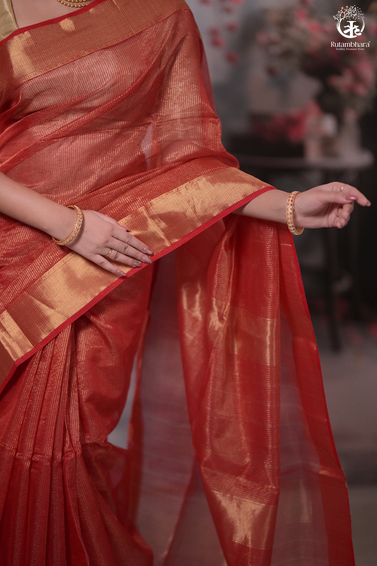 Narmaa - Festive Red Gold Tissue Checks Tissue Silk Cotton Saree With Gold Zari Lehar Border