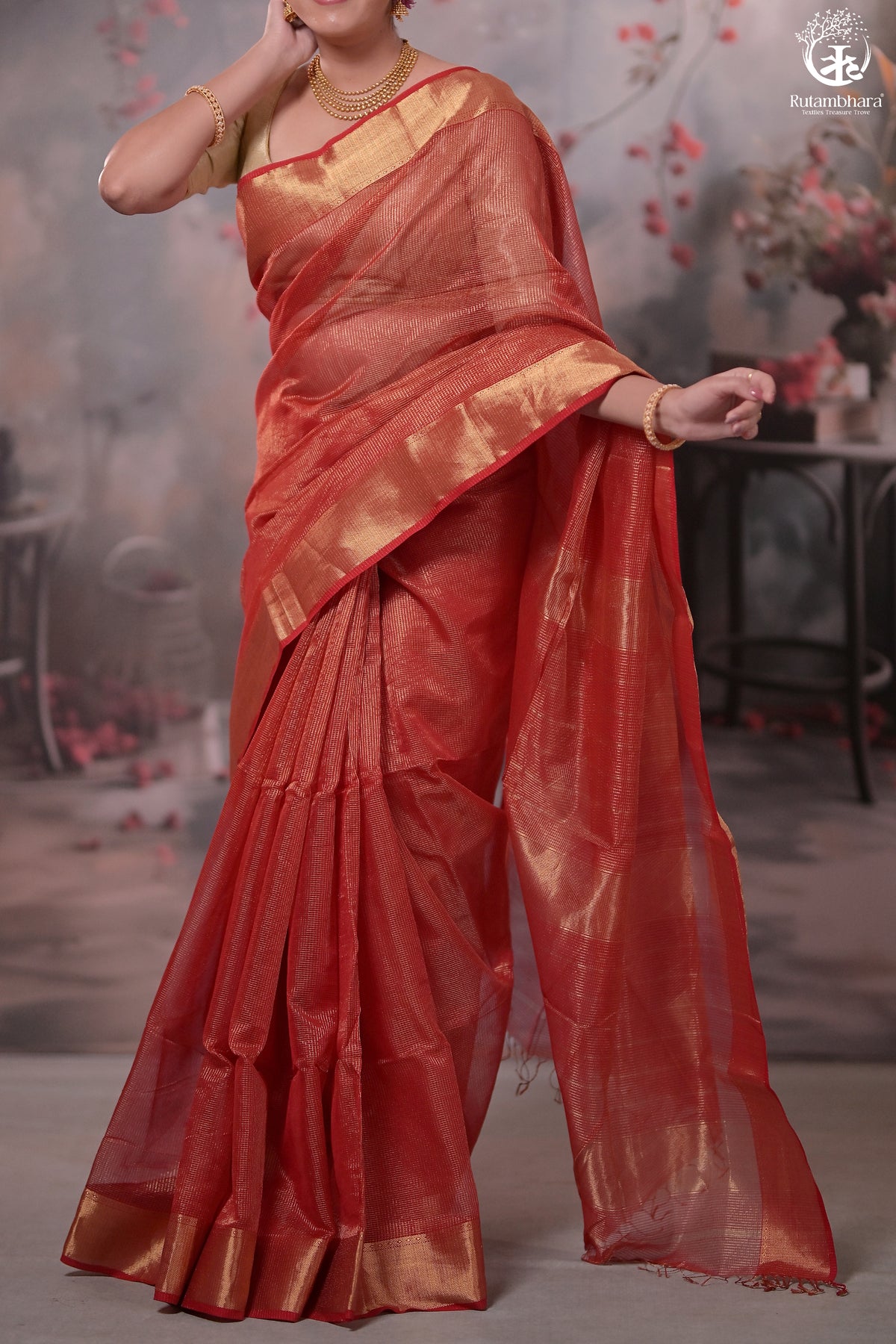 Narmaa - Festive Red Gold Tissue Checks Tissue Silk Cotton Saree With Gold Zari Lehar Border
