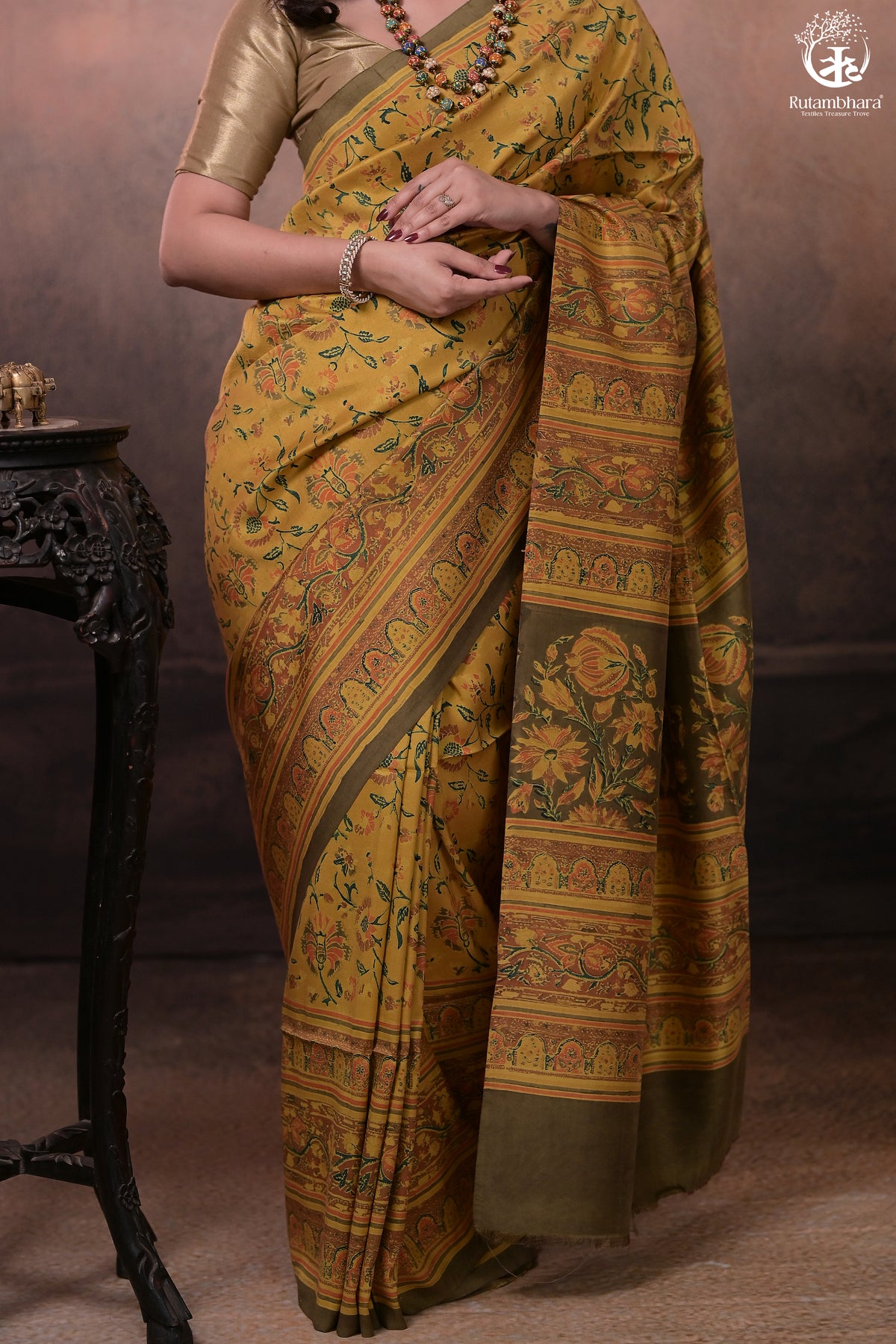 Ushraa - Yellow And Olive Handcrafted Ajrakh Saree In Pure Silk