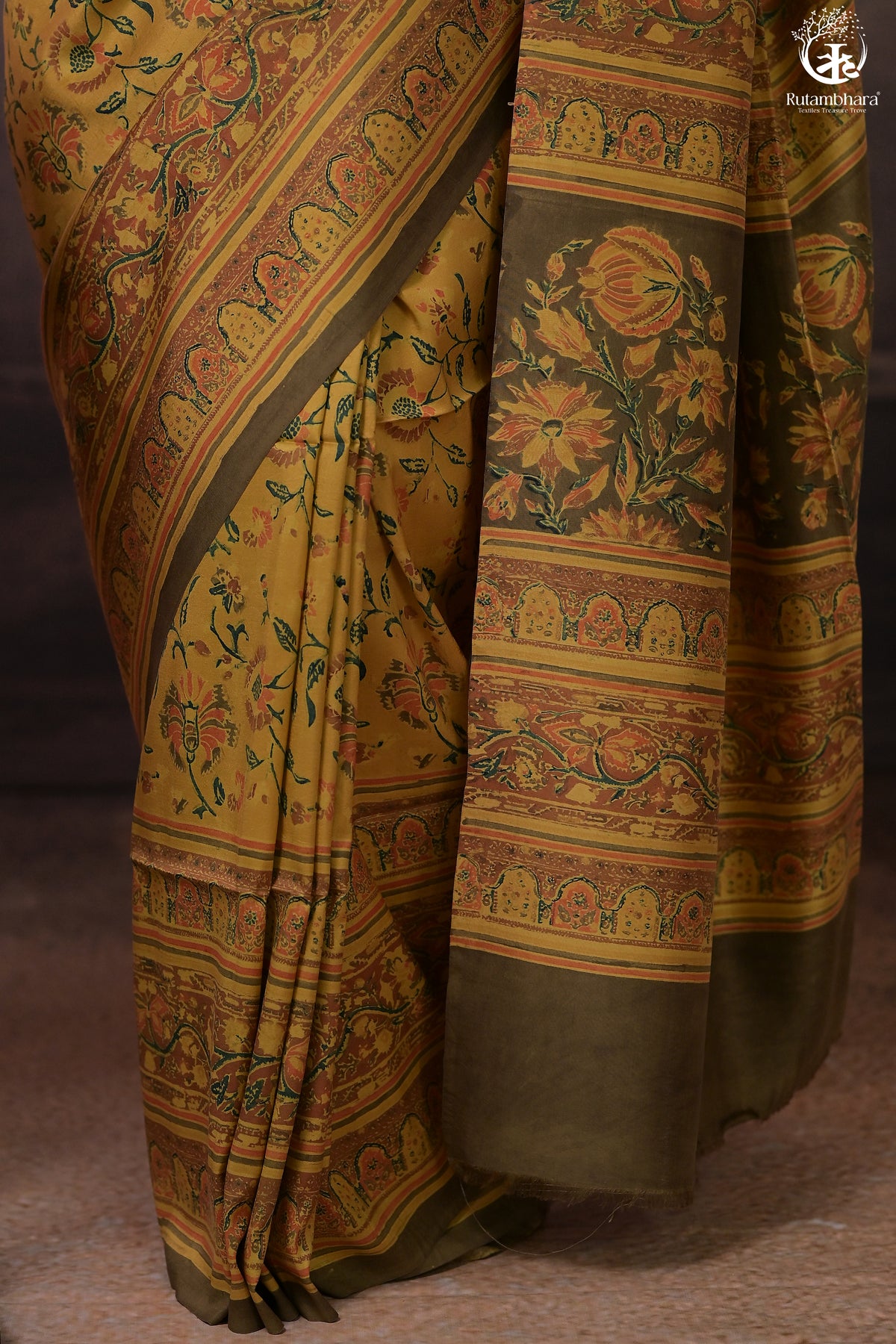 Ushraa - Yellow And Olive Handcrafted Ajrakh Saree In Pure Silk