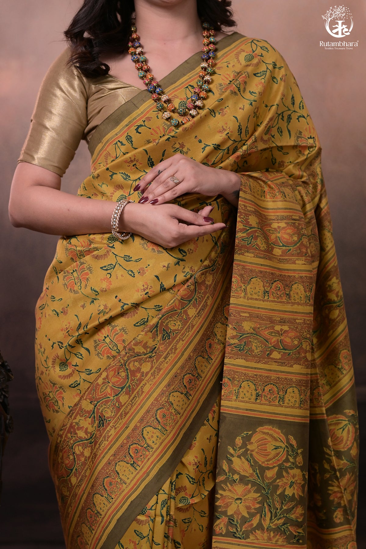 Ushraa - Yellow And Olive Handcrafted Ajrakh Saree In Pure Silk