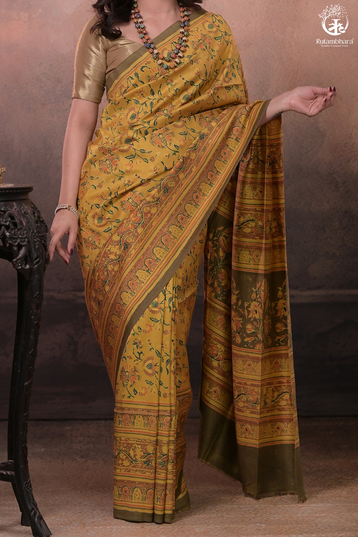 Ushraa - Yellow And Olive Handcrafted Ajrakh Saree In Pure Silk