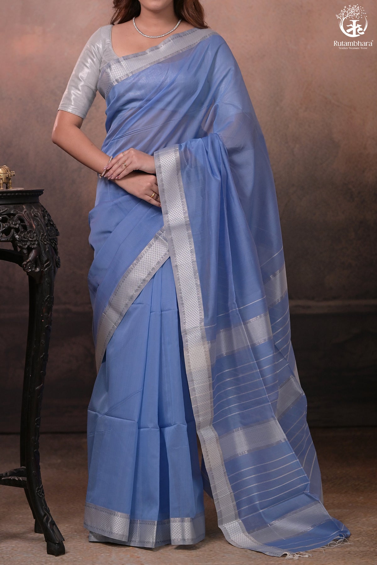 Narmaa - Powder Blue With Small Silver Chatai Border Silk Cotton Saree