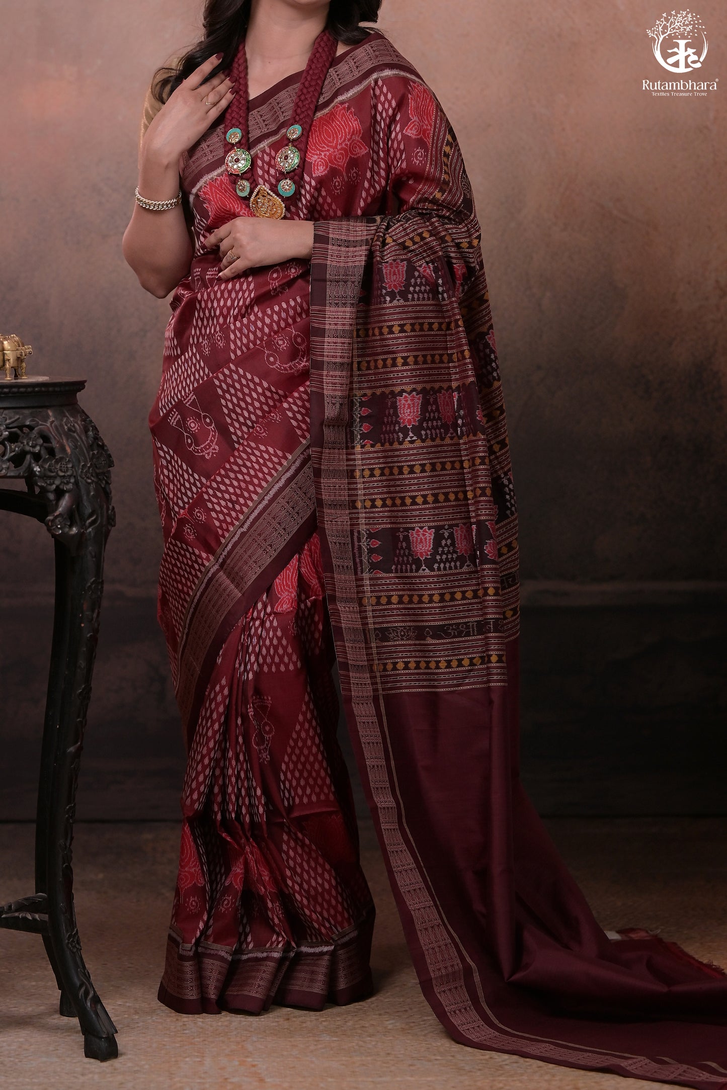 SAMBALPURI IKAT NATURAL DYES SAREE IN PURE SILK -4/3 PLY PURE MULBERRY SILK - MAROON N COFFEE BROWN