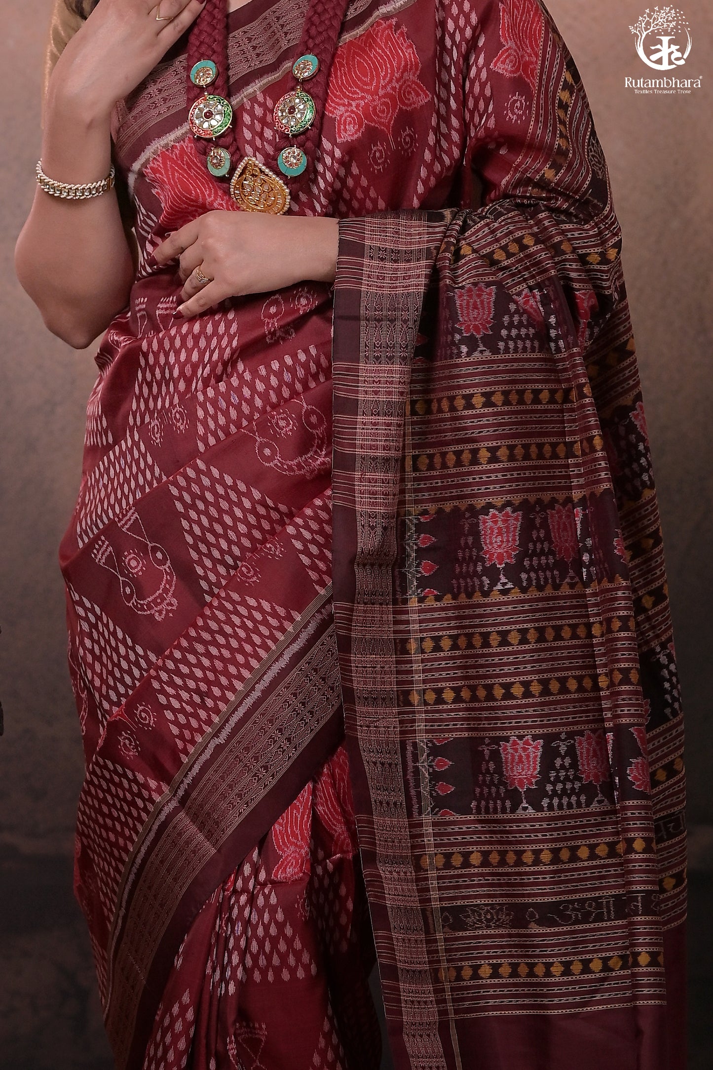 SAMBALPURI IKAT NATURAL DYES SAREE IN PURE SILK -4/3 PLY PURE MULBERRY SILK - MAROON N COFFEE BROWN