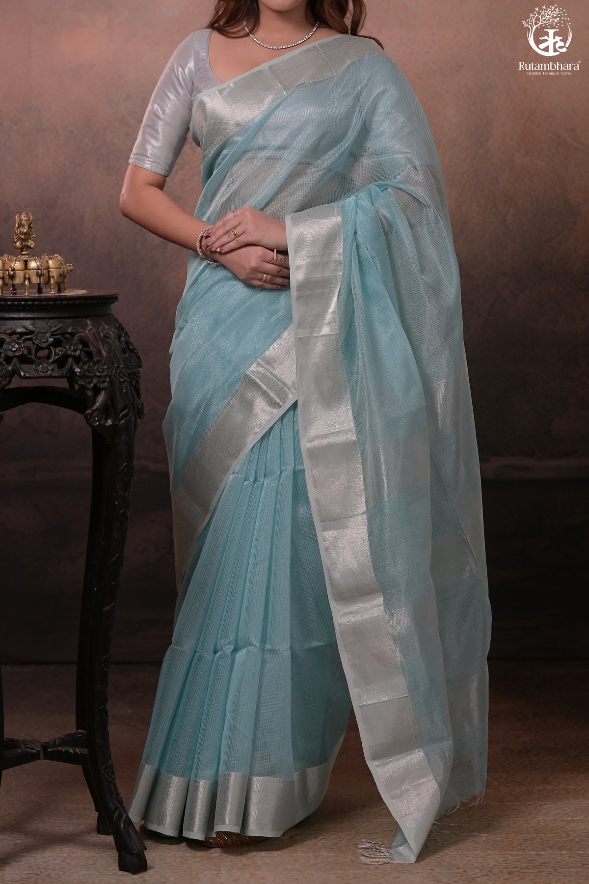 Narmaa - Silver Tissue Checks Pastel Blue With Silver Lehar Border Saree